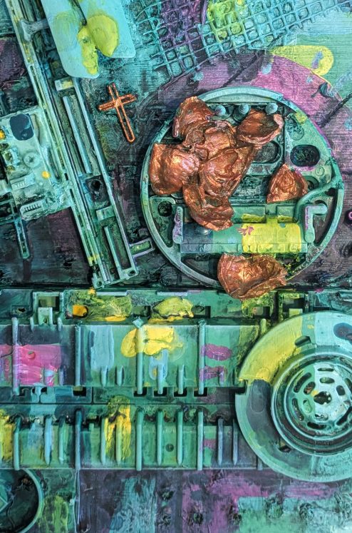 Abstract composition of vibrant colours and circular shapes with metallic textures.