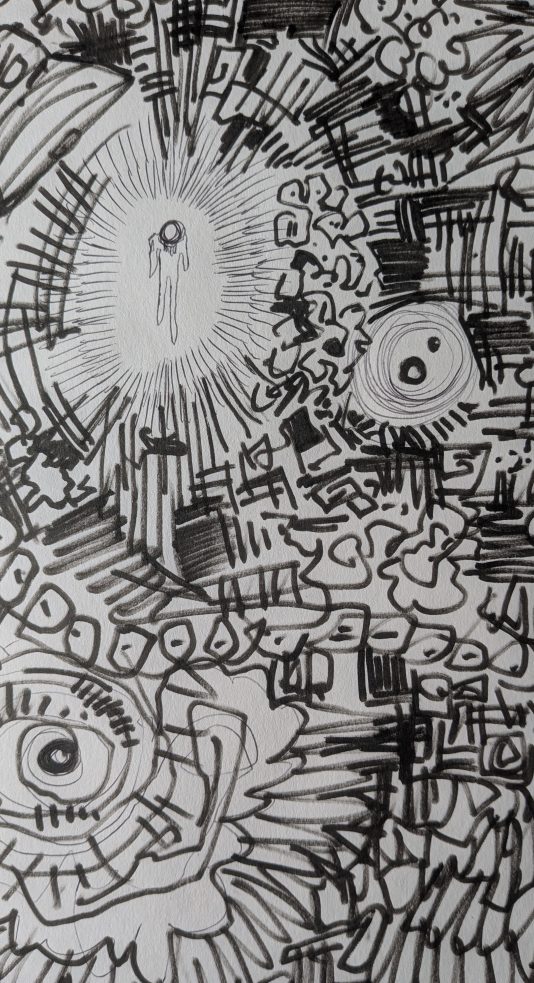 Abstract drawing featuring intricate patterns, eyes, and a central light source.