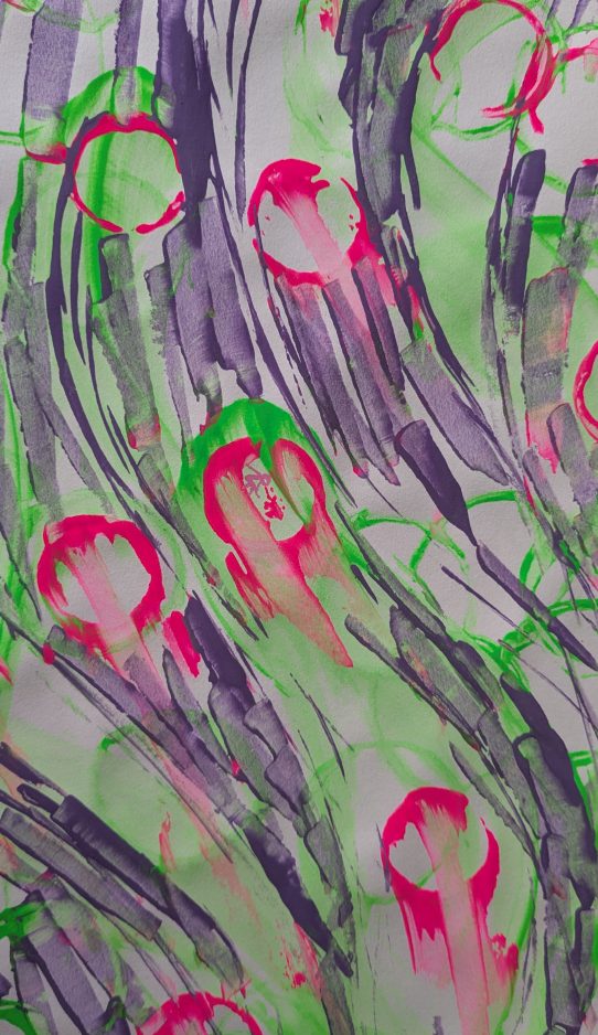 Abstract artwork with vibrant pink and green swirls and faint shapes resembling figures.